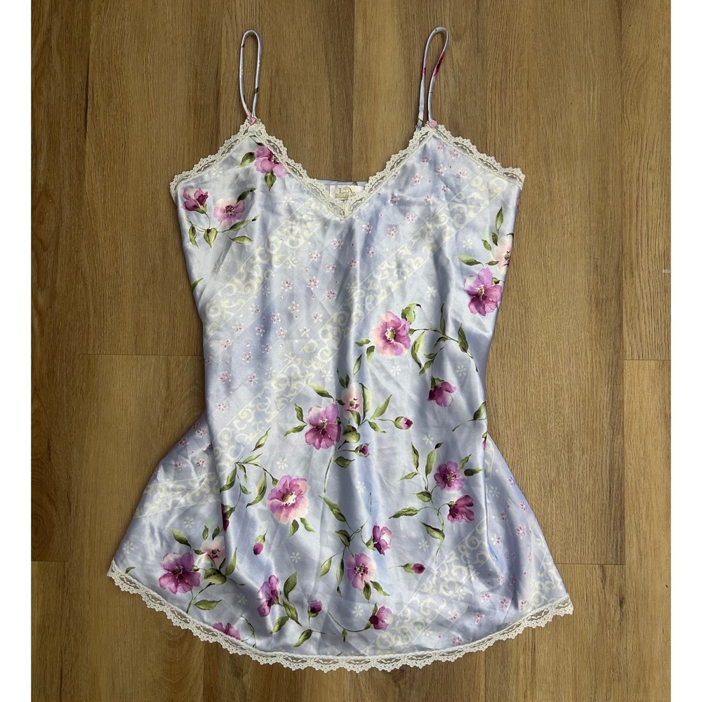 Vintage Floral Satin Lace slip dress Chemise Nightgown Purple Lavender Large